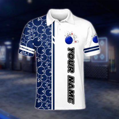Custom Team Blue White Bowling Men's Polo Shirt, Custom Bowling Shirts BZ0446