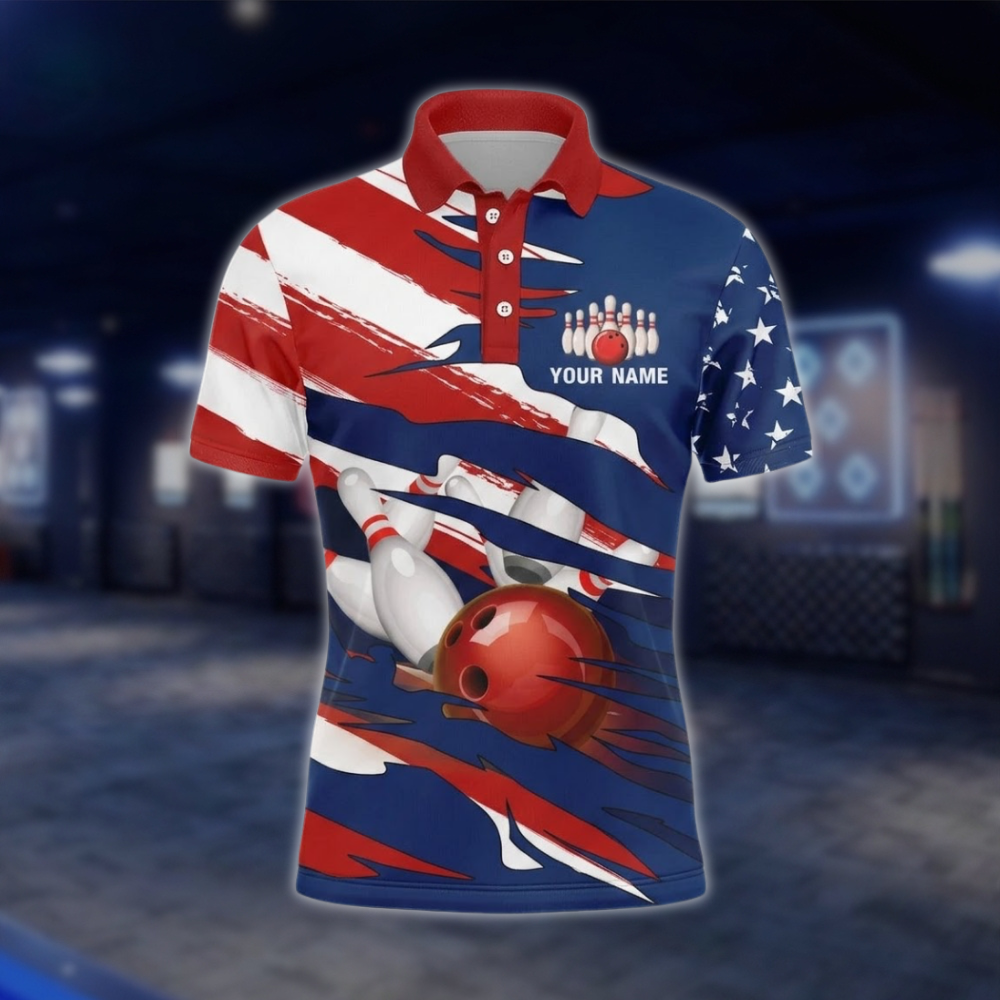 Personalized USA Flag Grunge Bowling Polo Shirt For Men, Custom Patriotic Bowling Shirts Team BZ0742