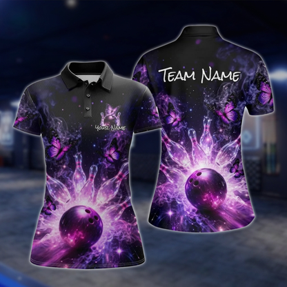 Personalized Butterflies Women's Purple Black Bowling Polo Shirt, Custom Butterfly Bowling Team Shirt Ladies BZ0775