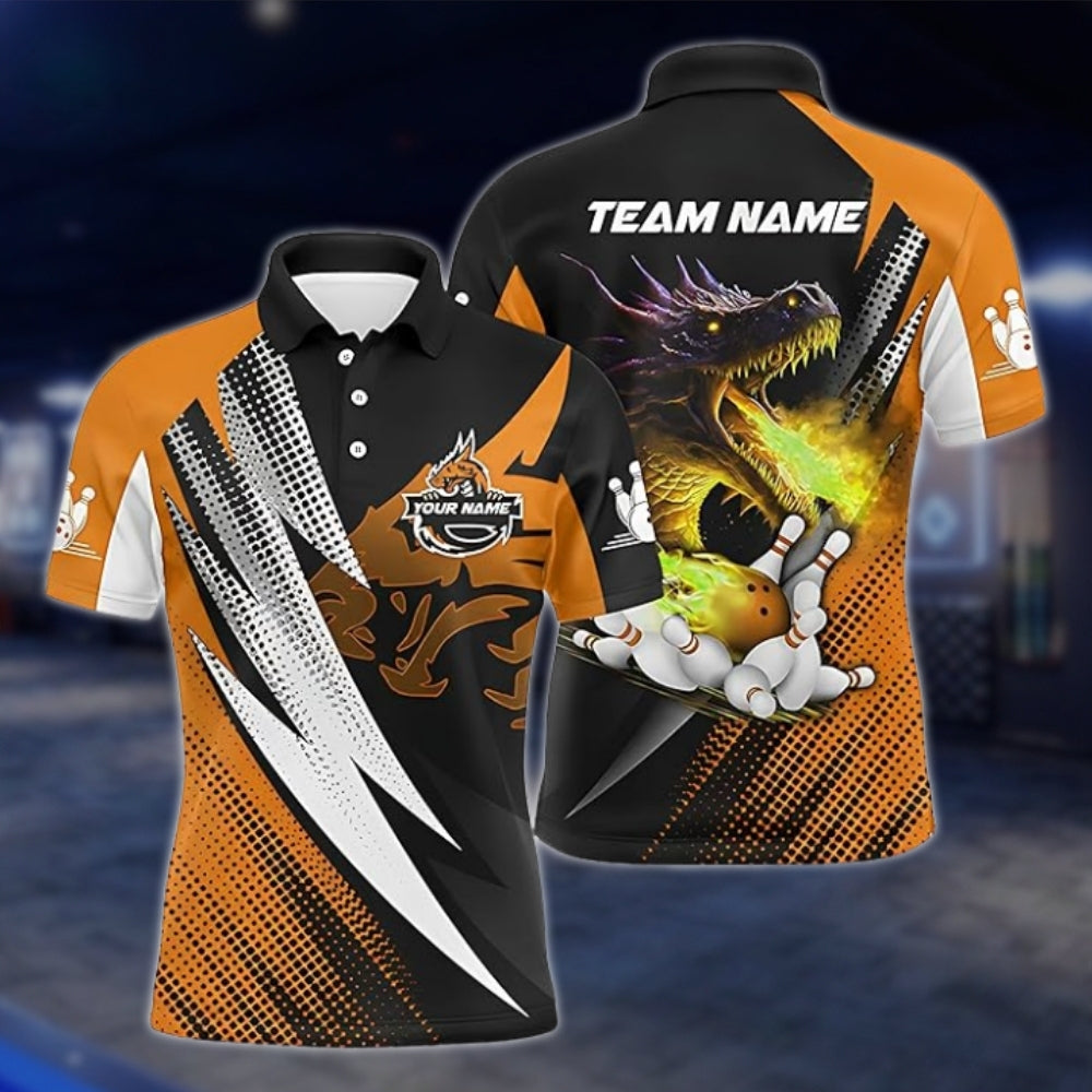 Custom Dragon Fire Bowling Polo Shirt For Men, Black Red Custom Dragon Bowling Team Shirts BZ0192