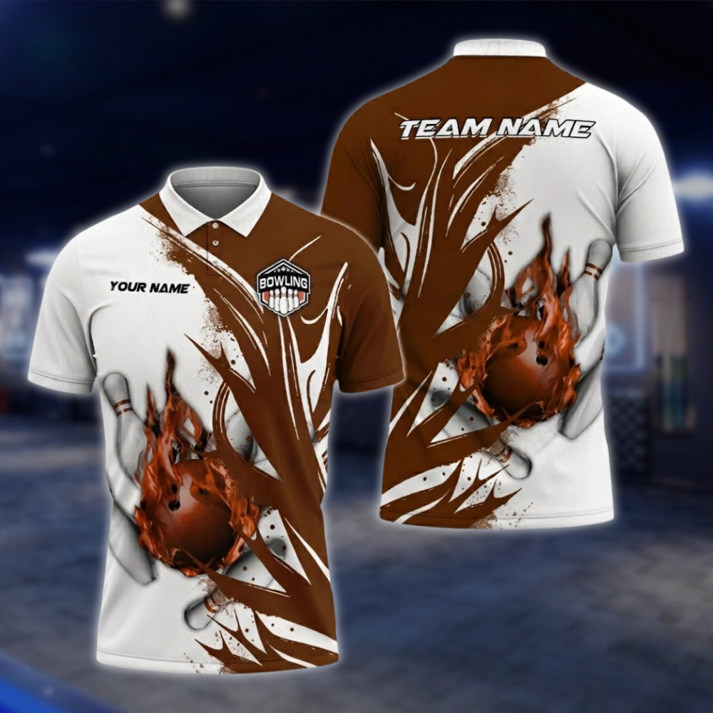 Personalized Red And White Flame Bowling Polo Shirt For Men, Custom Team Flame Bowling Shirts BZ0760