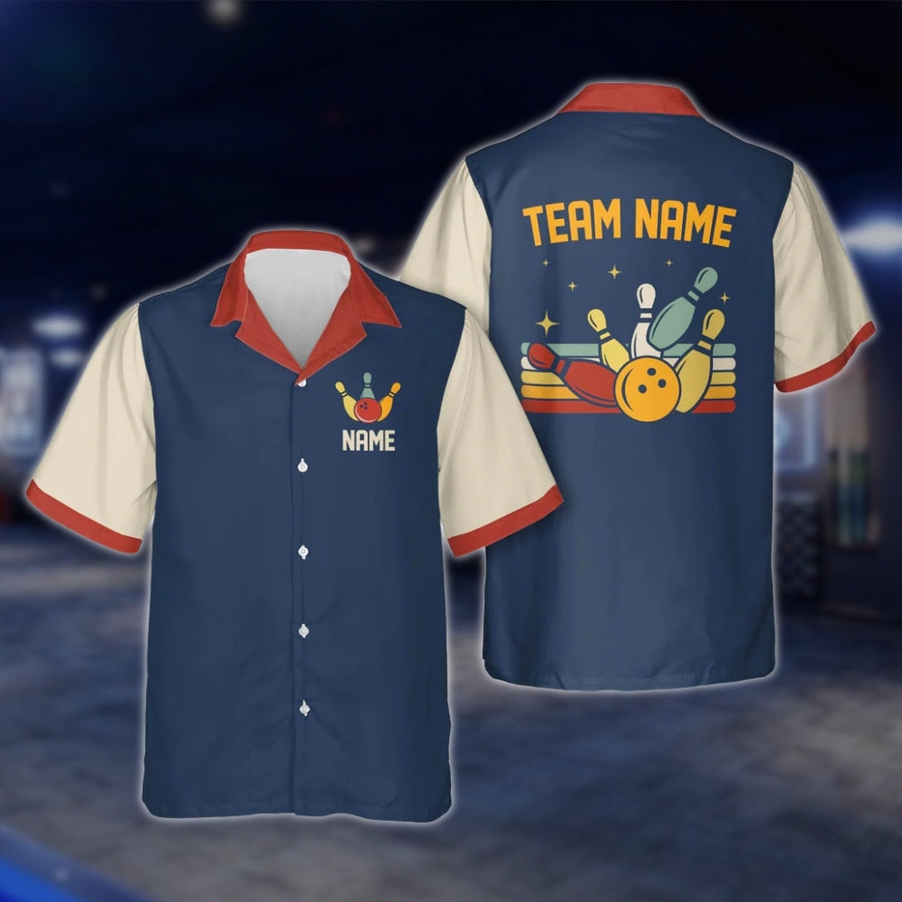 Custom Retro Bowling Hawaiian Shirt For Team, Custom Red Beige Bowling Shirts For Men Women BE0038