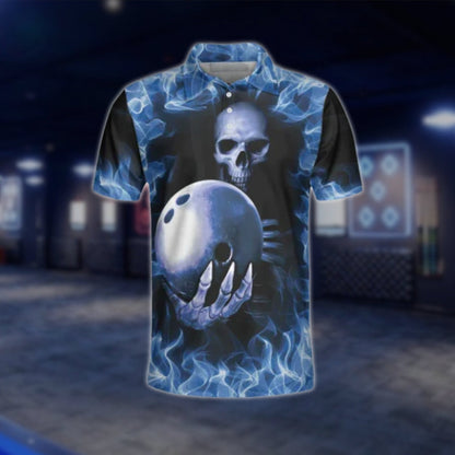 Bowling Because Murder Is Wrong Skeleton Blue Flame Bowling Polo Shirt For Mens, Funny Skull Bowling Shirts SO1061