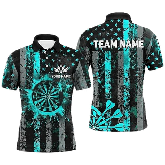 Black Cyan USA Flag Men's Personalized Darts Button Polo