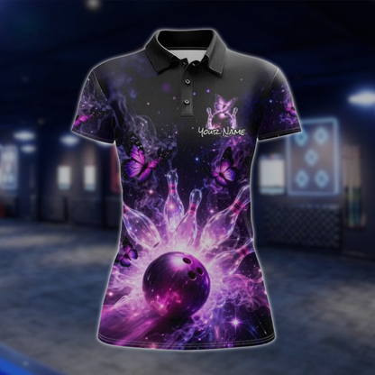Personalized Butterflies Women's Purple Black Bowling Polo Shirt, Custom Butterfly Bowling Team Shirt Ladies BZ0775
