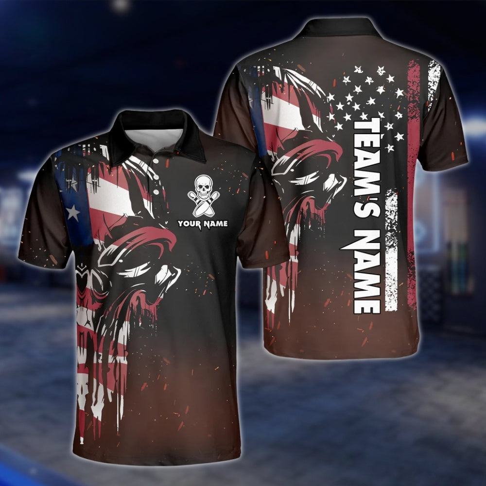 American Flag Skull Custom Bowling Polo Shirt For Mens, Custom Skull Patriotic Bowling Team Shirts BZ0190