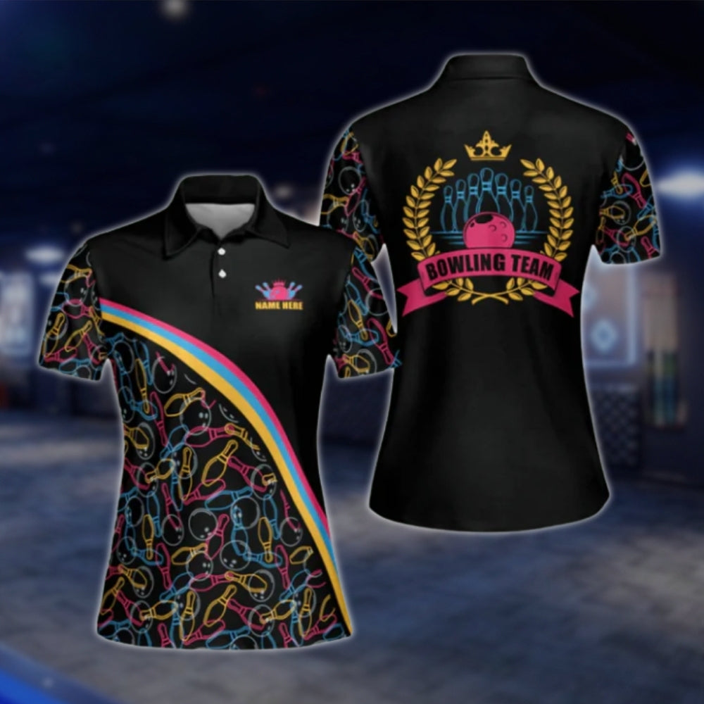 Women's Custom Team Multicolor Pattern Bowling Polo Shirt, Custom Bowling Team Shirt For Ladies BW0031