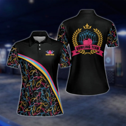 Women's Custom Team Multicolor Pattern Bowling Polo Shirt, Custom Bowling Team Shirt For Ladies BW0031