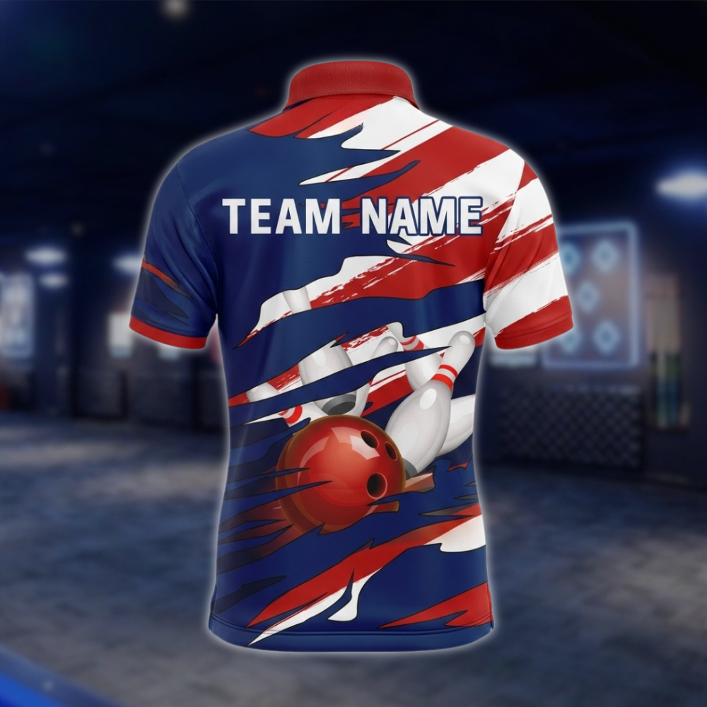Personalized USA Flag Grunge Bowling Polo Shirt For Men, Custom Patriotic Bowling Shirts Team BZ0742