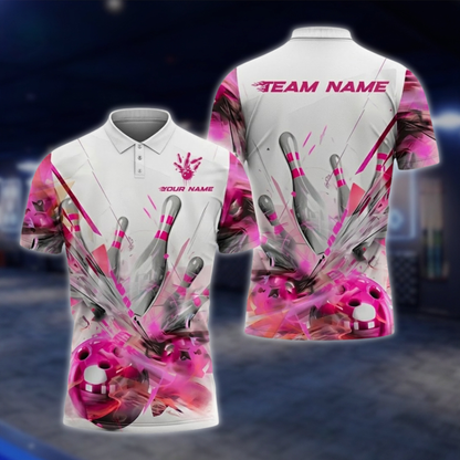 Personalized Broken Ball Bowling Mens White And Pink Polo Shirt, Custom Team Bowling Shits BZ0761