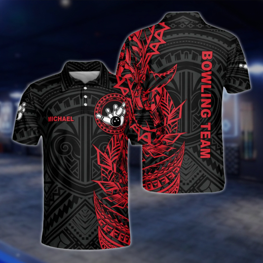 Custom Black and Red Tribal Bowling Polo Shirts Mens, Custom Team Tribal Bowling Shirts BZ0199
