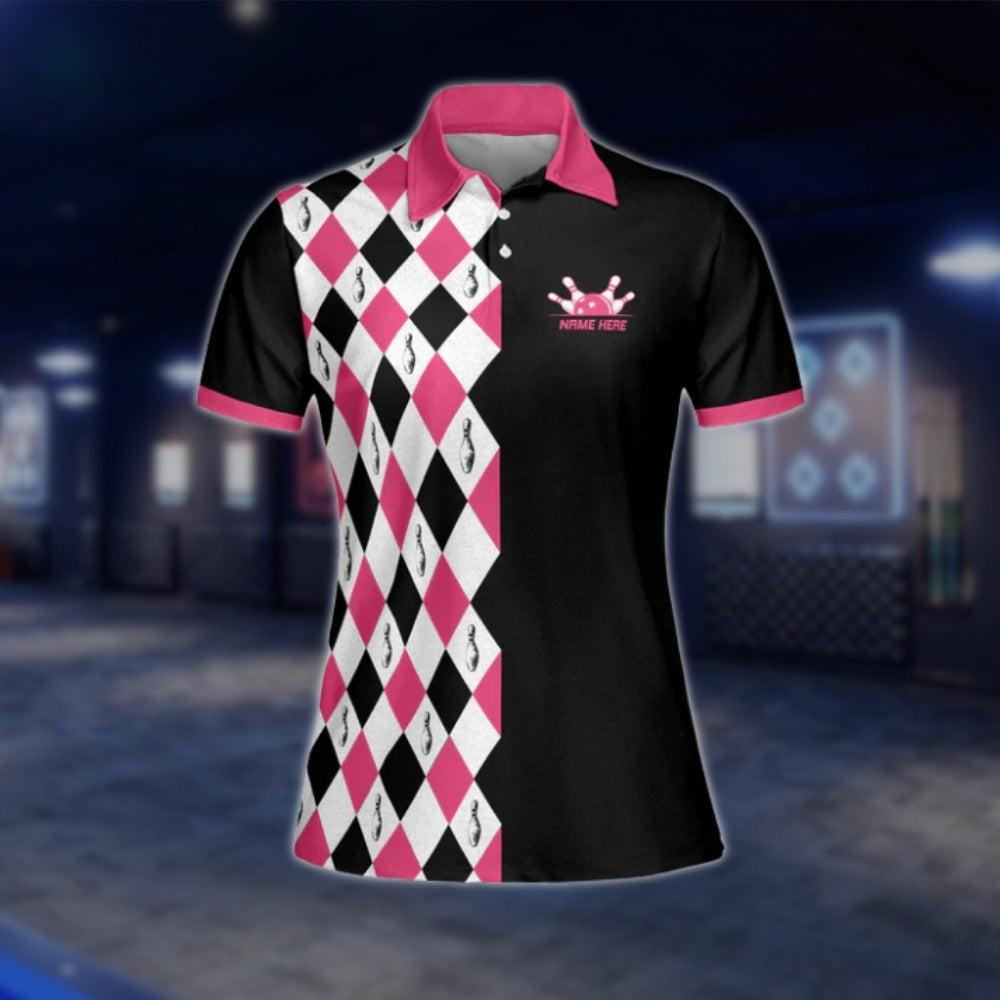 Yes I Do Bowl Like A Girl Try To Keep Up Custom Argyle Bowling Polo Shirt For Ladies, Black And Pink Custom Funny Bowling Shirts For Womens BW0033