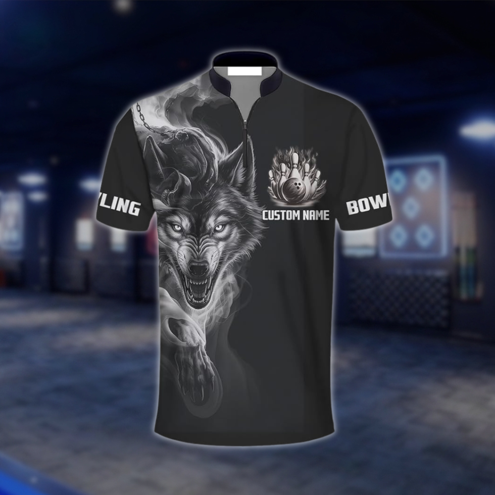 Personalized Wolf Men's Black Bowling Jersey, Custom Wolf Bowling Shirt For Team BZ0944