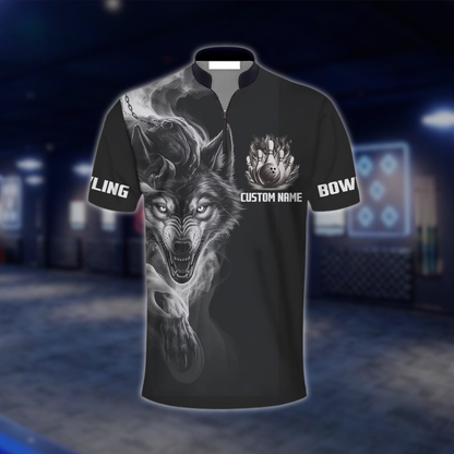 Personalized Wolf Men's Black Bowling Jersey, Custom Wolf Bowling Shirt For Team BZ0944