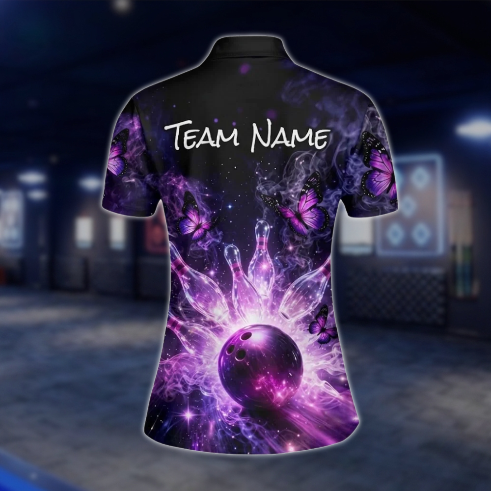 Personalized Butterflies Women's Purple Black Bowling Polo Shirt, Custom Butterfly Bowling Team Shirt Ladies BZ0775