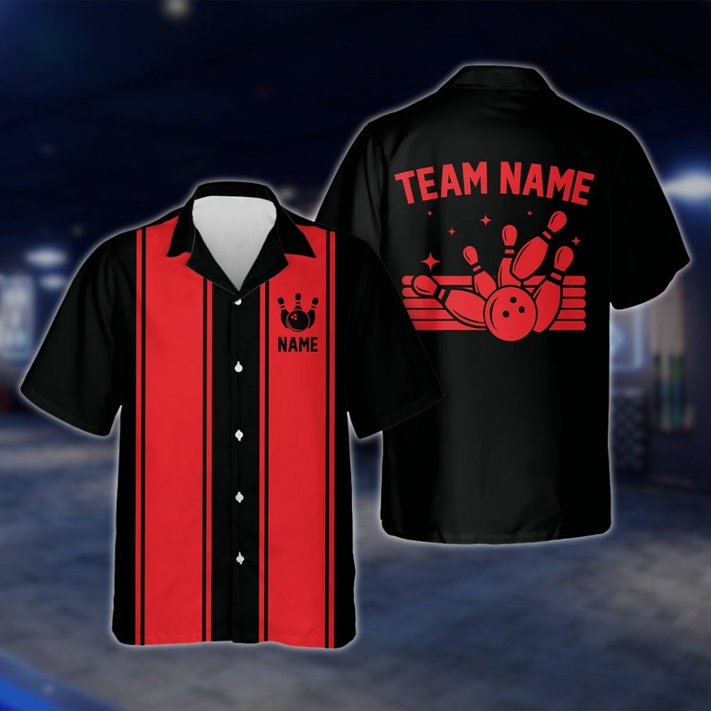 Custom Neon Red Black Bowling Hawaiian Shirt For Men And Women, Custom Vintage Bowling Team Shirts BE0051