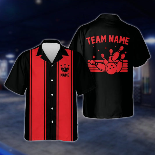 Custom Neon Red Black Bowling Hawaiian Shirt For Men And Women, Custom Vintage Bowling Team Shirts BE0051