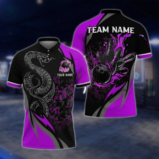 Snake Custom Purple Black Bowling Mens Polo Shirt, Custom Snake Bowling Team Shirts BO0411