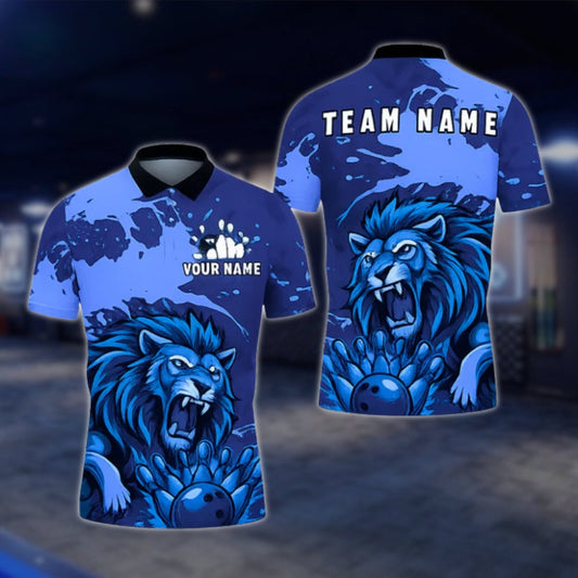 Custom Lion Blue Bowling Polo Shirt For Mens, Custom Lion Bowling Team Shirts BZ0444