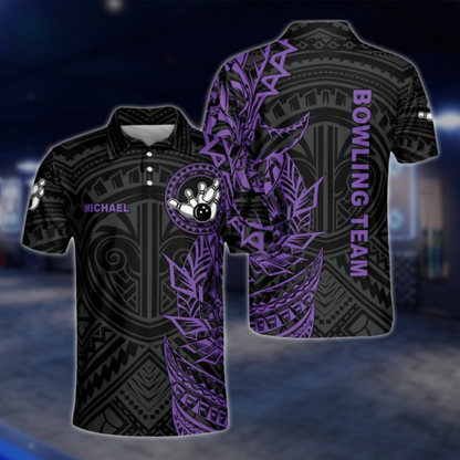 Custom Black and Red Tribal Bowling Polo Shirts Mens, Custom Team Tribal Bowling Shirts BZ0199