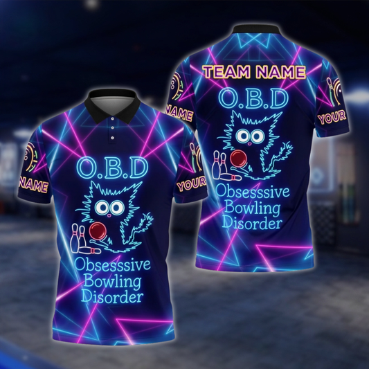 O.B.D Obsessive Bowling Disorder Personalized Cat Neon Men's Bowling Polo Shirt, Custom Funny Bowling Shirt For Team BZ0743
