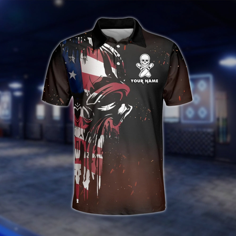American Flag Skull Custom Bowling Polo Shirt For Mens, Custom Skull Patriotic Bowling Team Shirts BZ0190