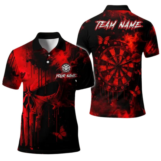 Black and Red Skull Dartboard Men's Personalized Darts Button Polo