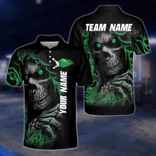 Skeleton Green Black Custom Mens Bowling Polo Shirt, Custom Skull Bowling Team Shirts BZ0009