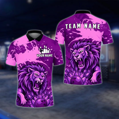 Custom Lion Blue Bowling Polo Shirt For Mens, Custom Lion Bowling Team Shirts BZ0444