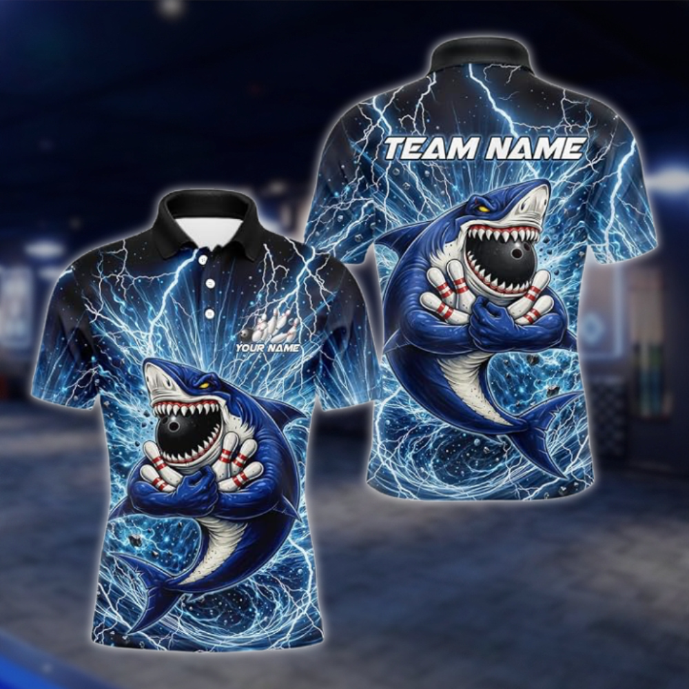 Personalized Shark Thunder Lightning Bowling Polo Shirt For Men, Custom Shark Bowling Shirt For Team BZ0945