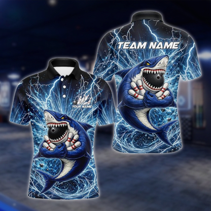 Personalized Shark Thunder Lightning Bowling Polo Shirt For Men, Custom Shark Bowling Shirt For Team BZ0945