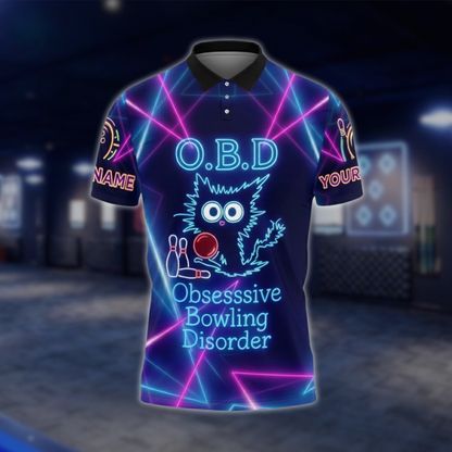 O.B.D Obsessive Bowling Disorder Personalized Cat Neon Men's Bowling Polo Shirt, Custom Funny Bowling Shirt For Team BZ0743