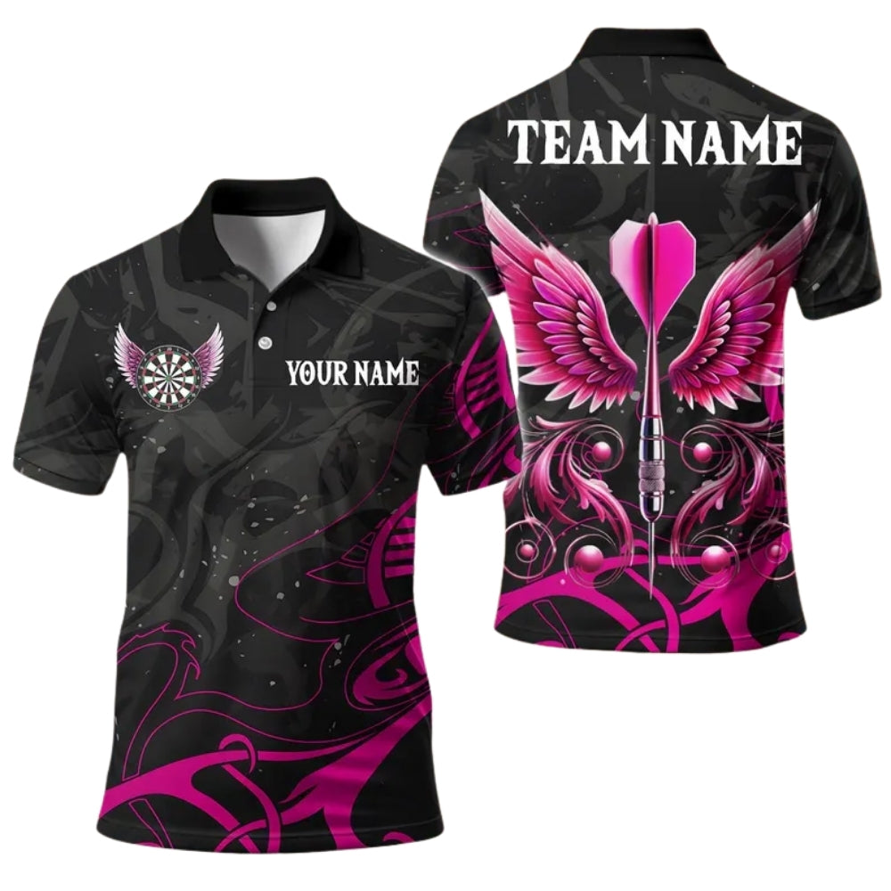Black Pink Arrow Wings Mens Personalized Darts Button Polo