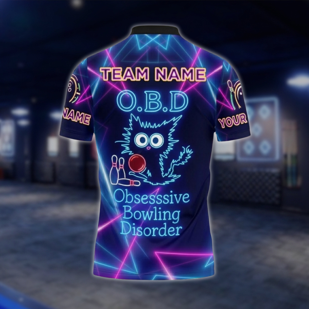 O.B.D Obsessive Bowling Disorder Personalized Cat Neon Men's Bowling Polo Shirt, Custom Funny Bowling Shirt For Team BZ0743
