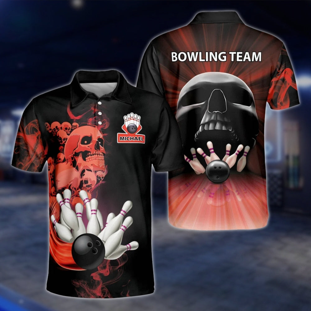 Custom Skeleton Fire Mens Bowling Polo Shirt, Custom Skull Bowling Team Shirts BZ0189