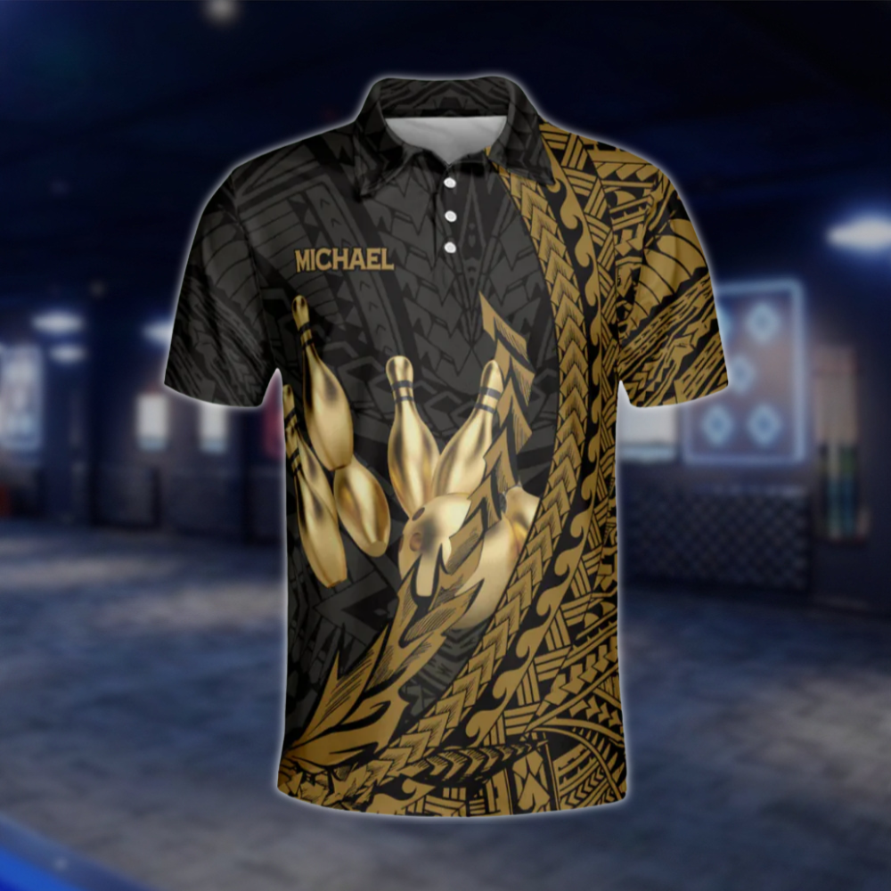 Black Gold Tribal Personalized Men's Bowling Polo Shirts, Custom Tribal Bowling Shirts Team BZ0202