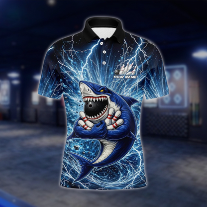 Personalized Shark Thunder Lightning Bowling Polo Shirt For Men, Custom Shark Bowling Shirt For Team BZ0945