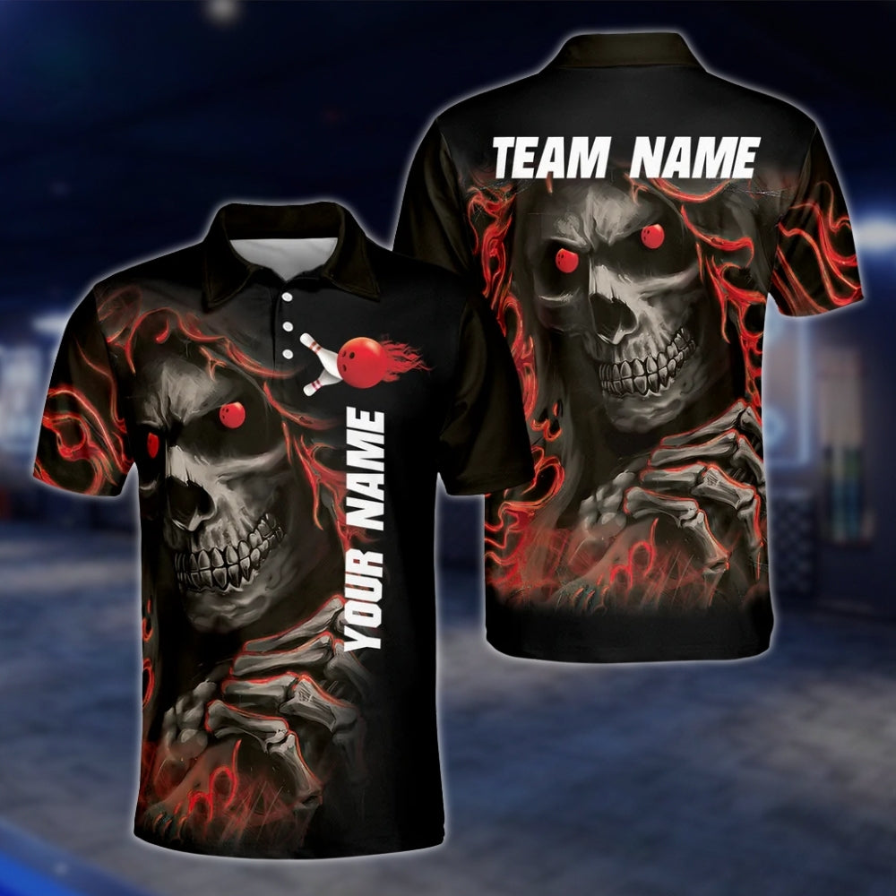 Skeleton Green Black Custom Mens Bowling Polo Shirt, Custom Skull Bowling Team Shirts BZ0009