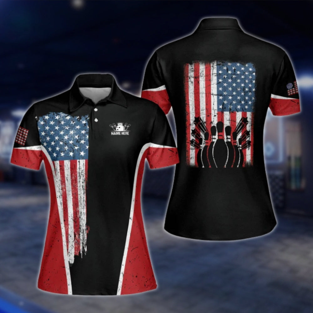 Custom Womens American Flag Bowling Polo Shirt, Red Black Custom Patriotic Ladies Bowling Shirts BW0039