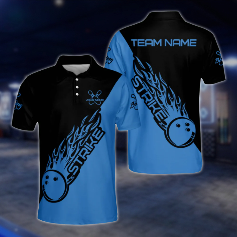 Customized Black Blue Flame Ball Strike Bowling Polo Shirts For Men, Custom Flame Bowling Team Shirts BM0304