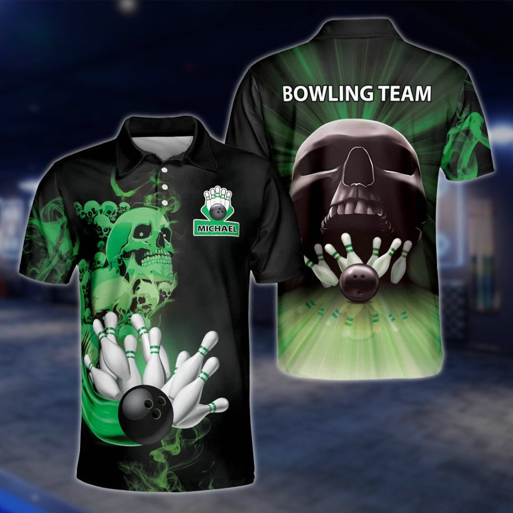 Custom Skeleton Fire Mens Bowling Polo Shirt, Custom Skull Bowling Team Shirts BZ0189