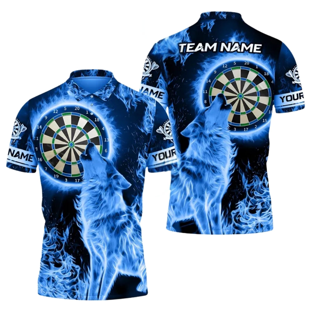 Blue Flame Wolf Men Personalized Darts Button Polo