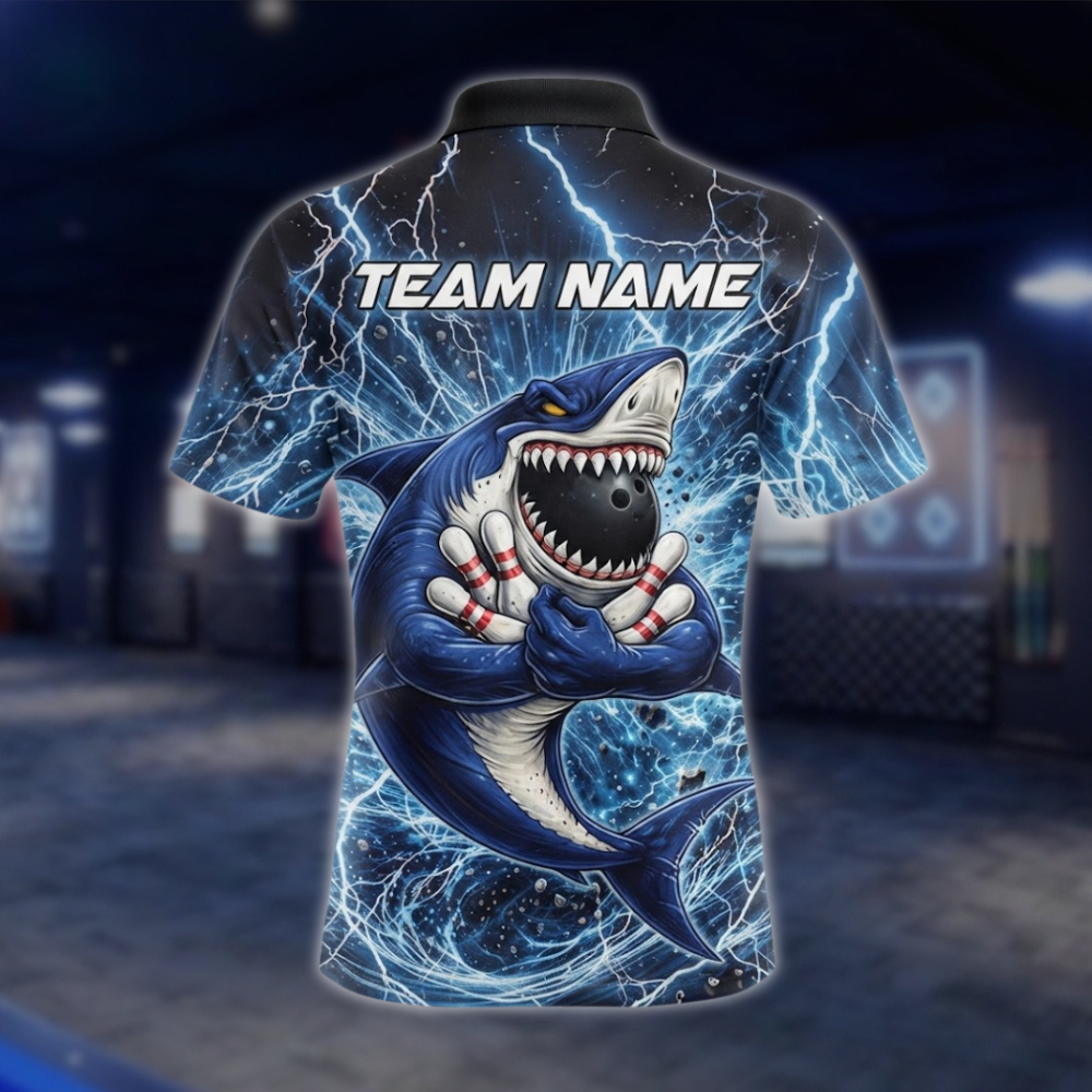 Personalized Shark Thunder Lightning Bowling Polo Shirt For Men, Custom Shark Bowling Shirt For Team BZ0945
