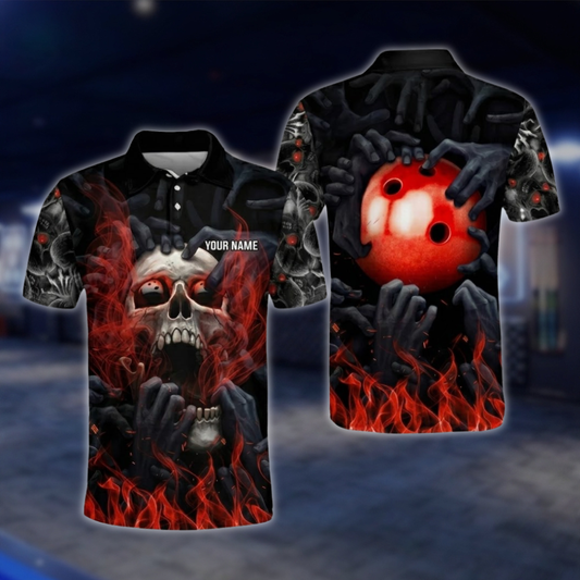Personalized Smoke Skeketon Red Black Bowling Polo Shirt Mens, Custom Skull Bowling Shirt With Name BZ0762