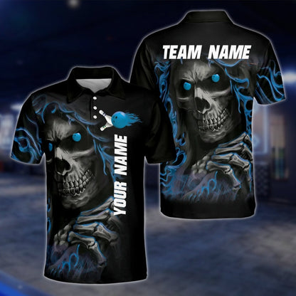 Skeleton Green Black Custom Mens Bowling Polo Shirt, Custom Skull Bowling Team Shirts BZ0009