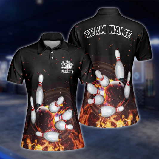 Personalized Womens Flame Bowling Polo Shirt, Custom Flame Bowling Team Shirts Ladies BZ0744