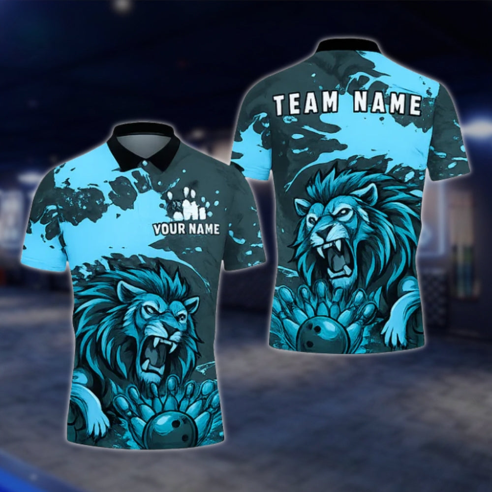Custom Lion Blue Bowling Polo Shirt For Mens, Custom Lion Bowling Team Shirts BZ0444