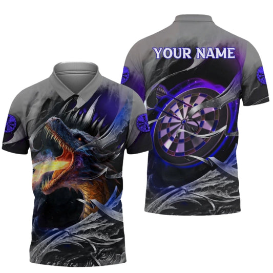 Dragon Purple and Grey Mens Personalized Darts Button Polo