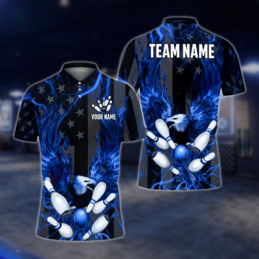 Custom Eagle Blue Black Bowling Mens Polo Shirt, Custom Eagle Bowling Shirt Team BZ0442