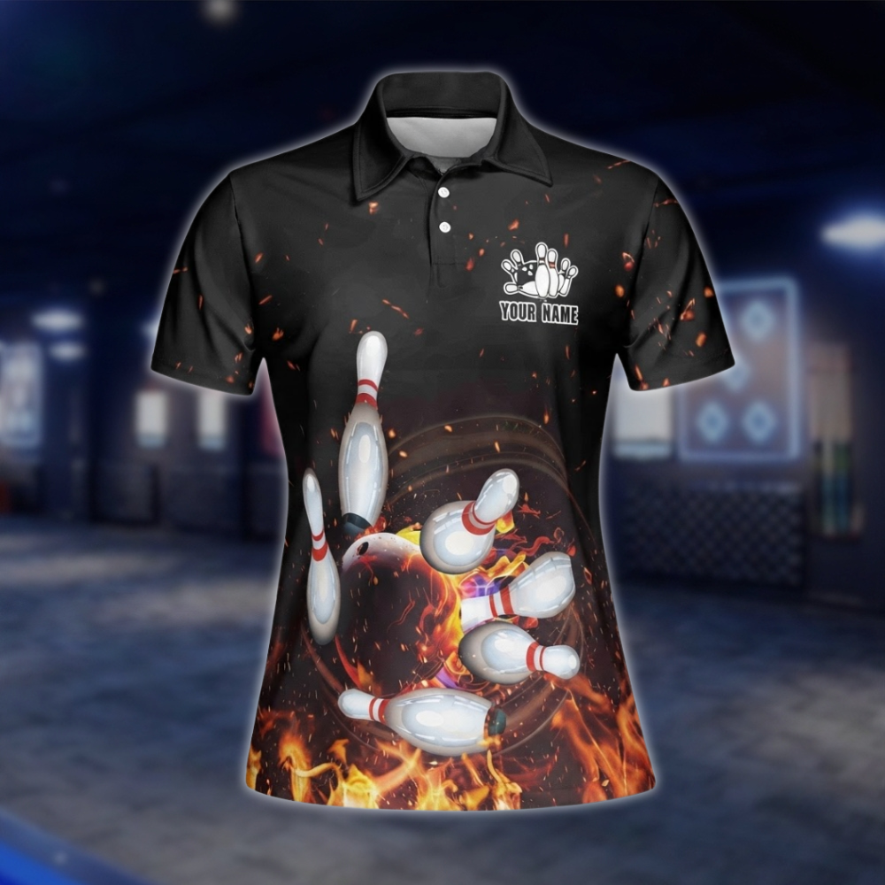 Personalized Womens Flame Bowling Polo Shirt, Custom Flame Bowling Team Shirts Ladies BZ0744